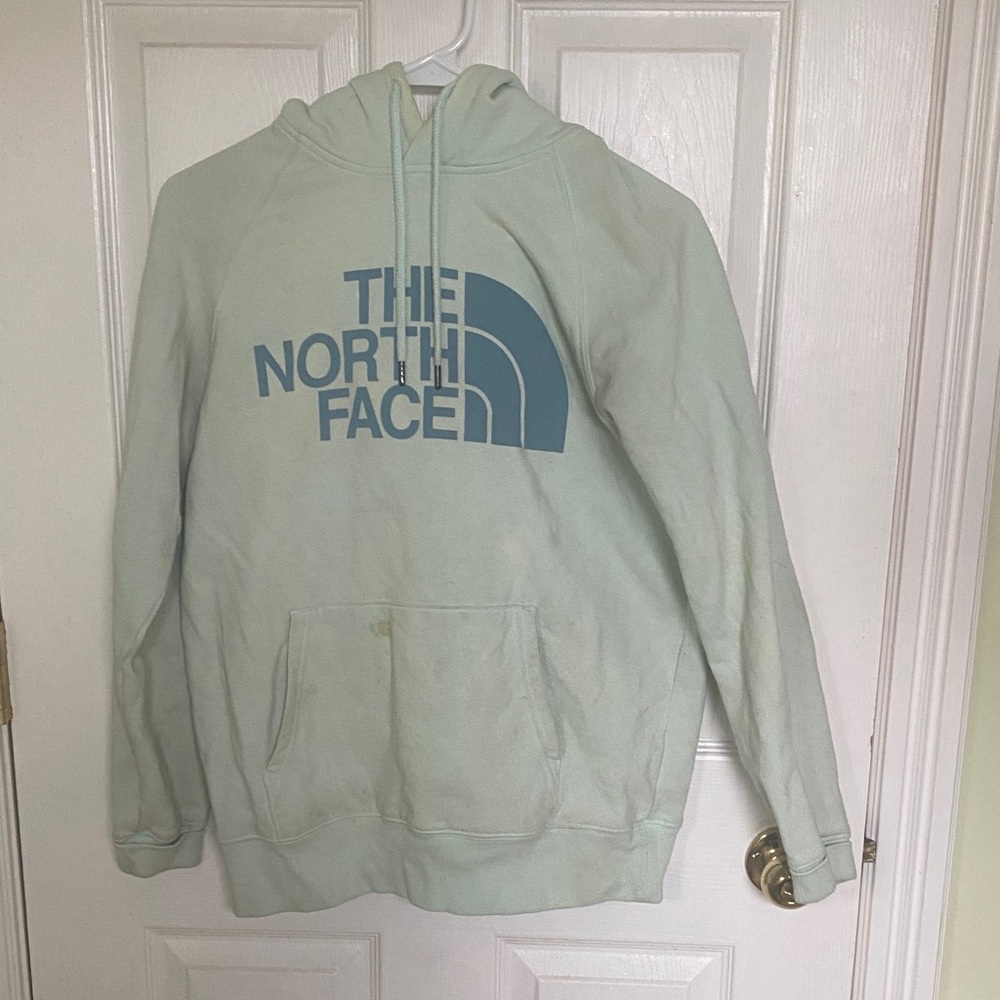 The North Face Light Green Hoodie with Blue Logo